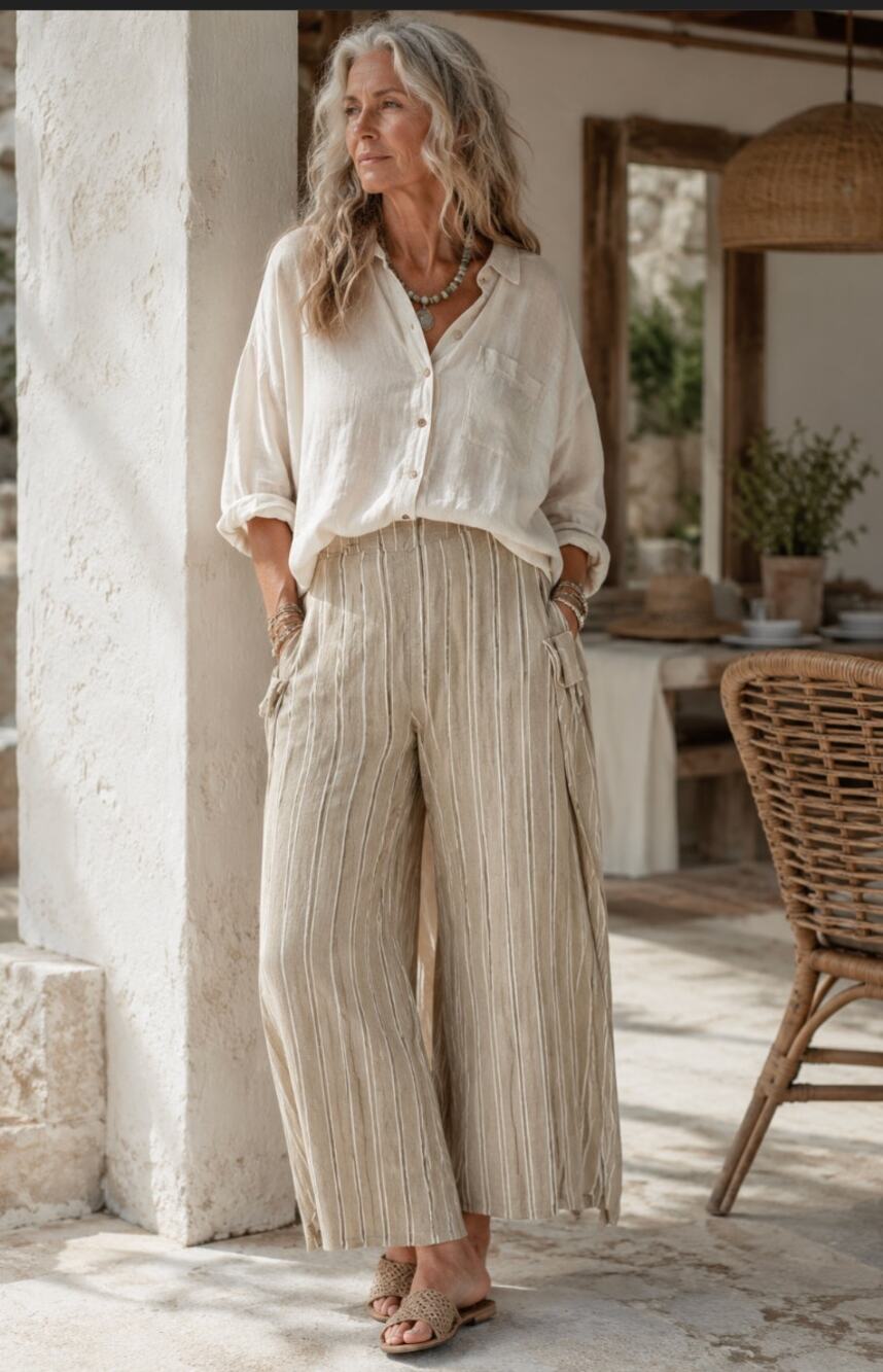 J.Jill Women's Tan White Stripe Coastal Grandma Lagenlook M Linen Wide Leg Pants